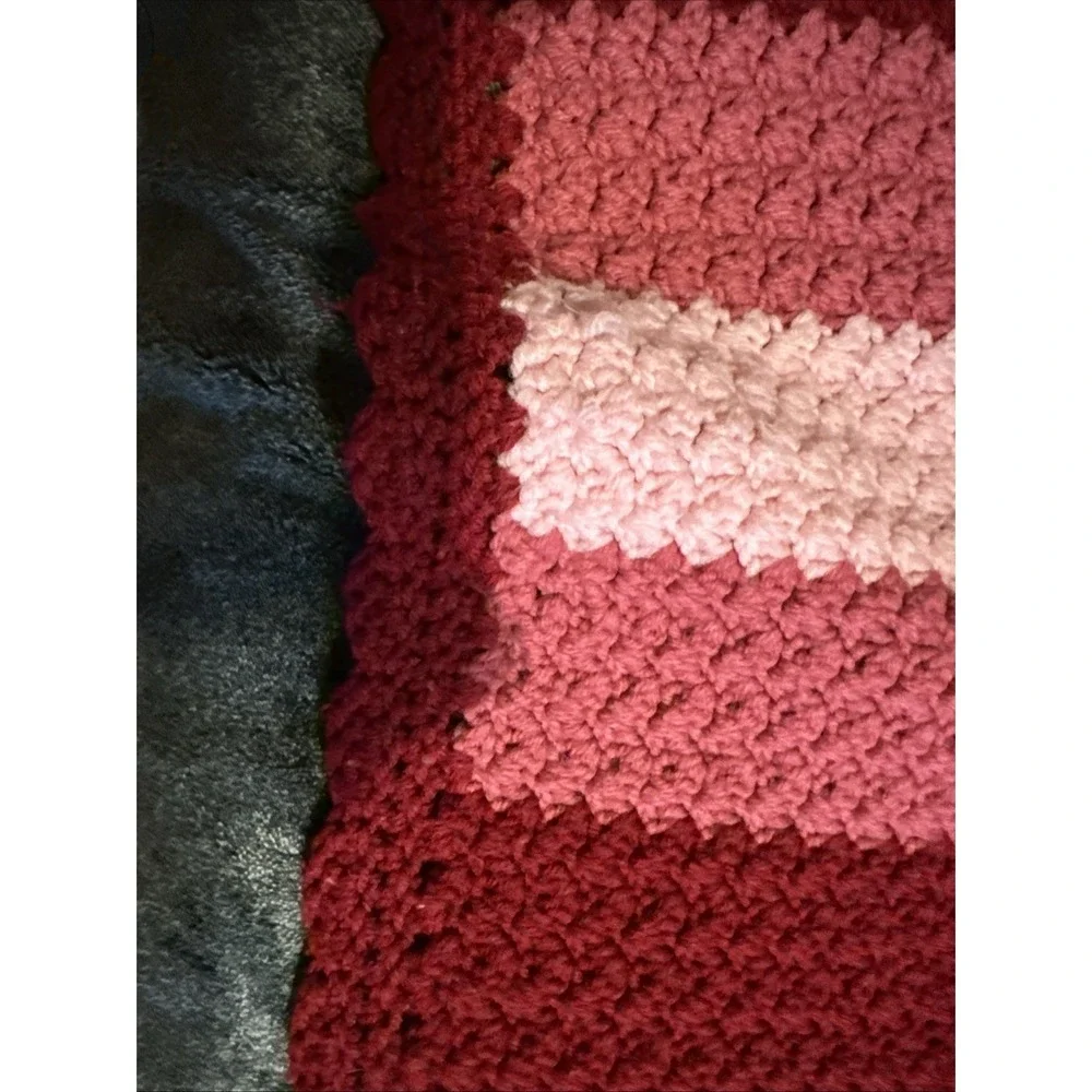 Crochet  Lap Throw Blanket Pinks Red Striped Scalloped Edge 68